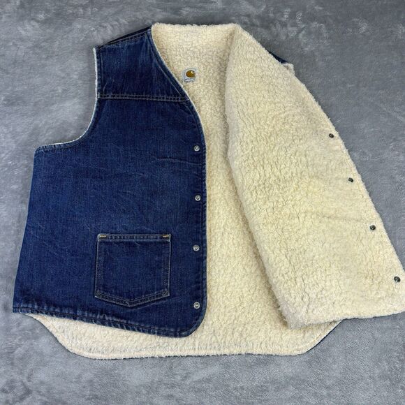 Carhartt Jean Vest Mens XLT Vintage Sherpa Lined Denim Snap Front 8SV USA‎ 80s